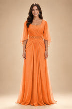 A-Line Chiffon Pleated Long Mother of the Bride & Groom Dresses with 3/4 Flutter Sleeves & Sequin Waist (SHI22500702)