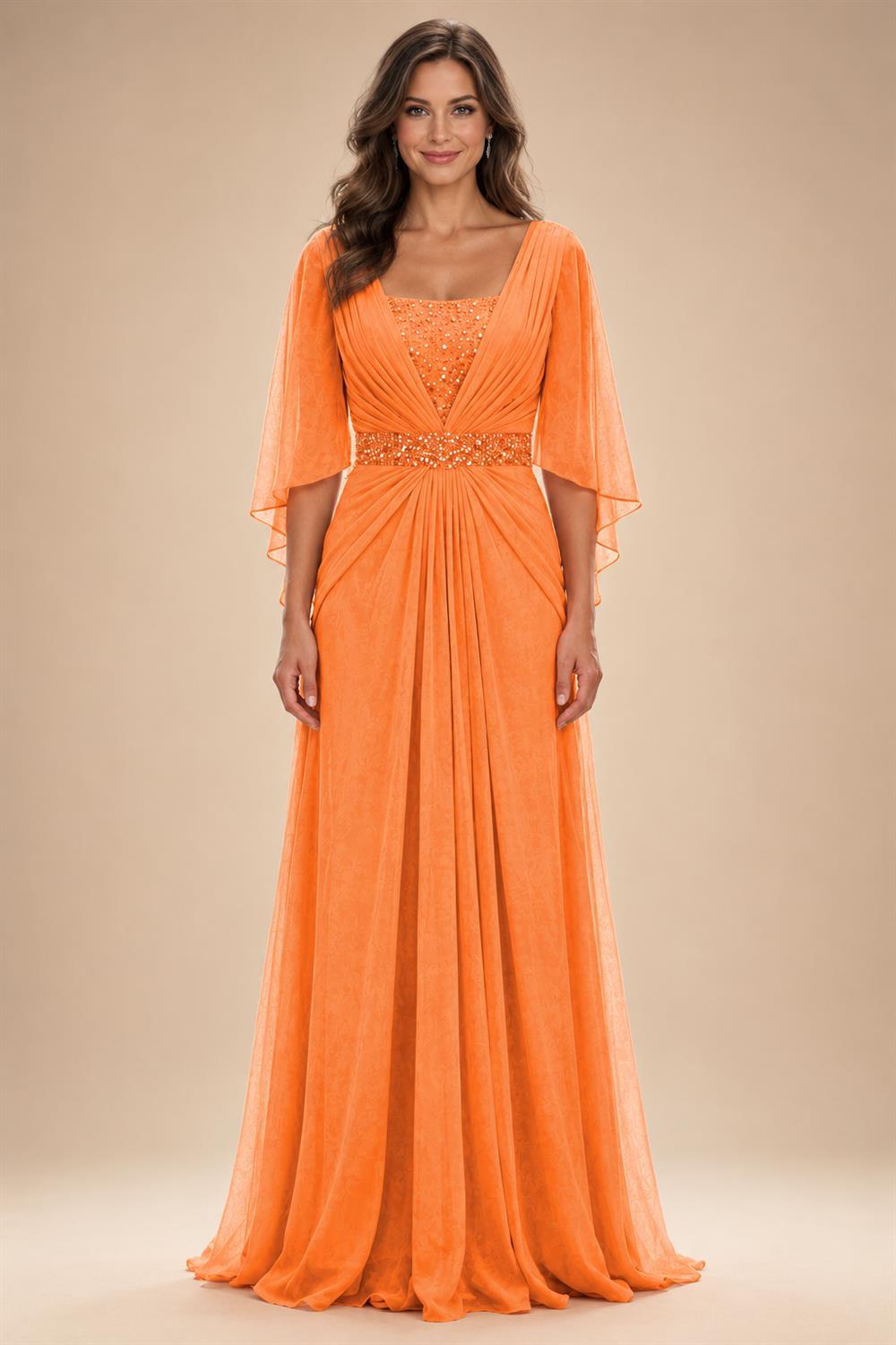 A-Line Chiffon Pleated Long Mother of the Bride & Groom Dresses with 3/4 Flutter Sleeves & Sequin Waist (SHI22500702)