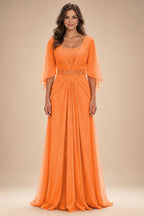 A-Line Chiffon Pleated Long Mother of the Bride & Groom Dresses with 3/4 Flutter Sleeves & Sequin Waist (SHI22500702)