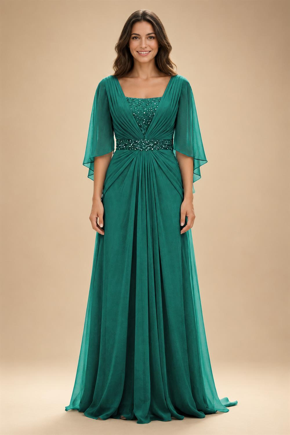 A-Line Chiffon Pleated Long Mother of the Bride & Groom Dresses with 3/4 Flutter Sleeves & Sequin Waist (SHI22500702)