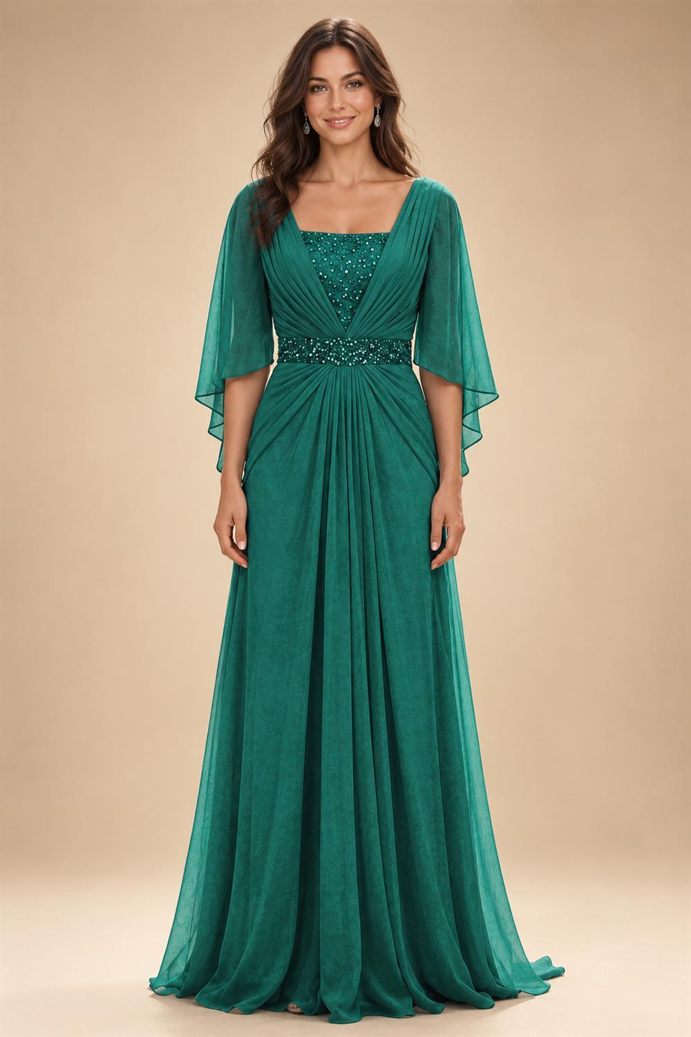 A-Line Chiffon Pleated Long Mother of the Bride & Groom Dresses with 3/4 Flutter Sleeves & Sequin Waist (SHI22500702)