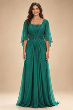 A-Line Chiffon Pleated Long Mother of the Bride & Groom Dresses with 3/4 Flutter Sleeves & Sequin Waist (SHI22500702)