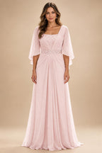 A-Line Chiffon Pleated Long Mother of the Bride & Groom Dresses with 3/4 Flutter Sleeves & Sequin Waist (SHI22500702)