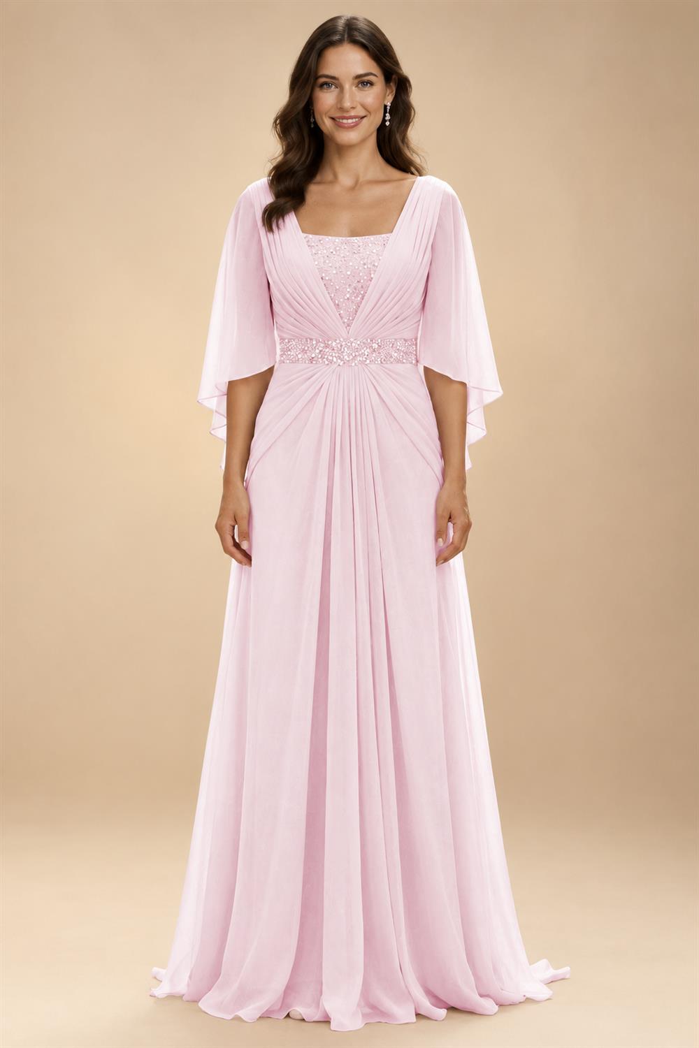 A-Line Chiffon Pleated Long Mother of the Bride & Groom Dresses with 3/4 Flutter Sleeves & Sequin Waist (SHI22500702)