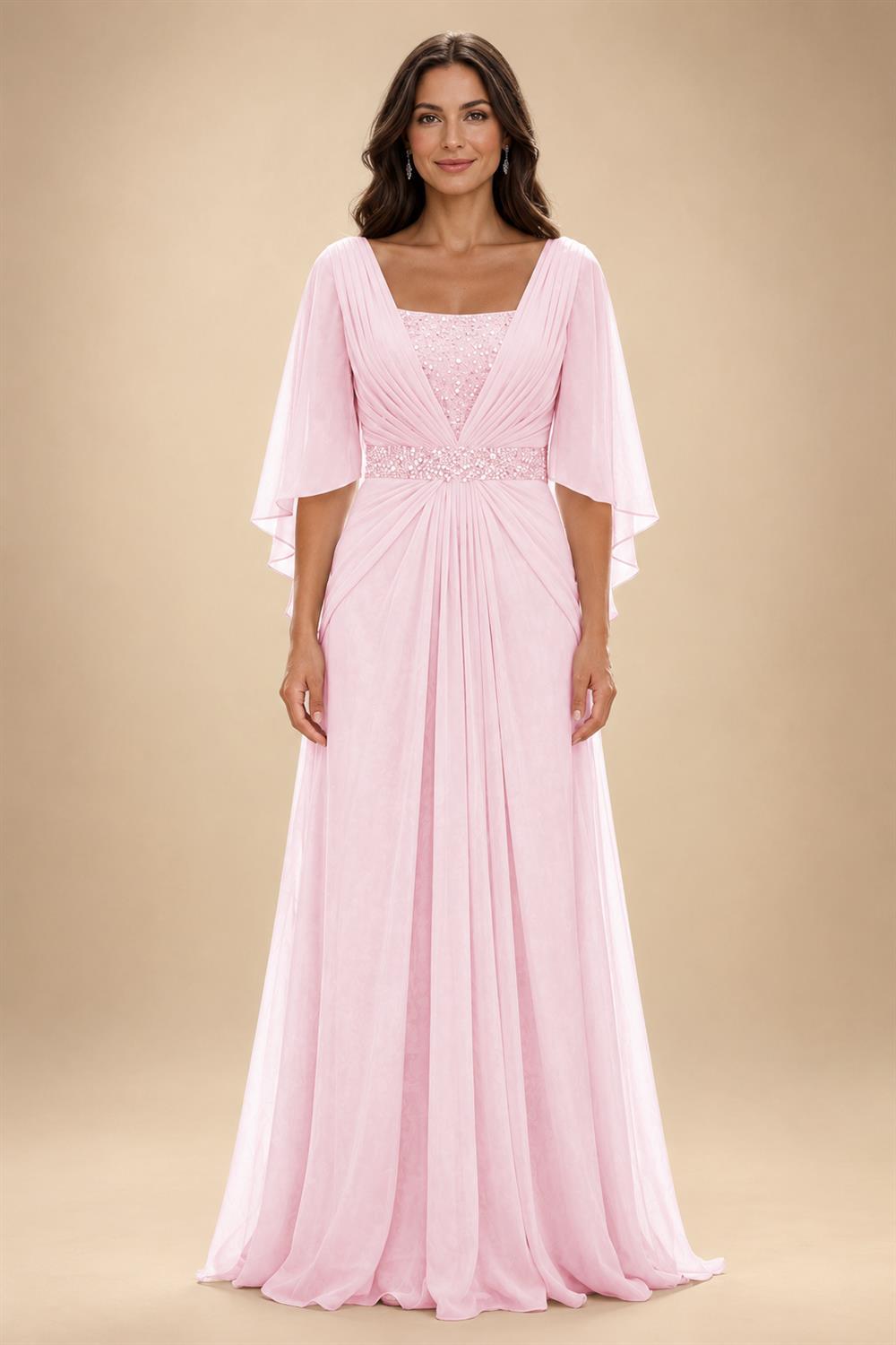 A-Line Chiffon Pleated Long Mother of the Bride & Groom Dresses with 3/4 Flutter Sleeves & Sequin Waist (SHI22500702)