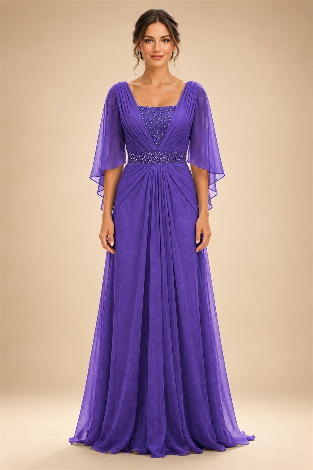 A-Line Chiffon Pleated Long Mother of the Bride & Groom Dresses with 3/4 Flutter Sleeves & Sequin Waist (SHI22500702)