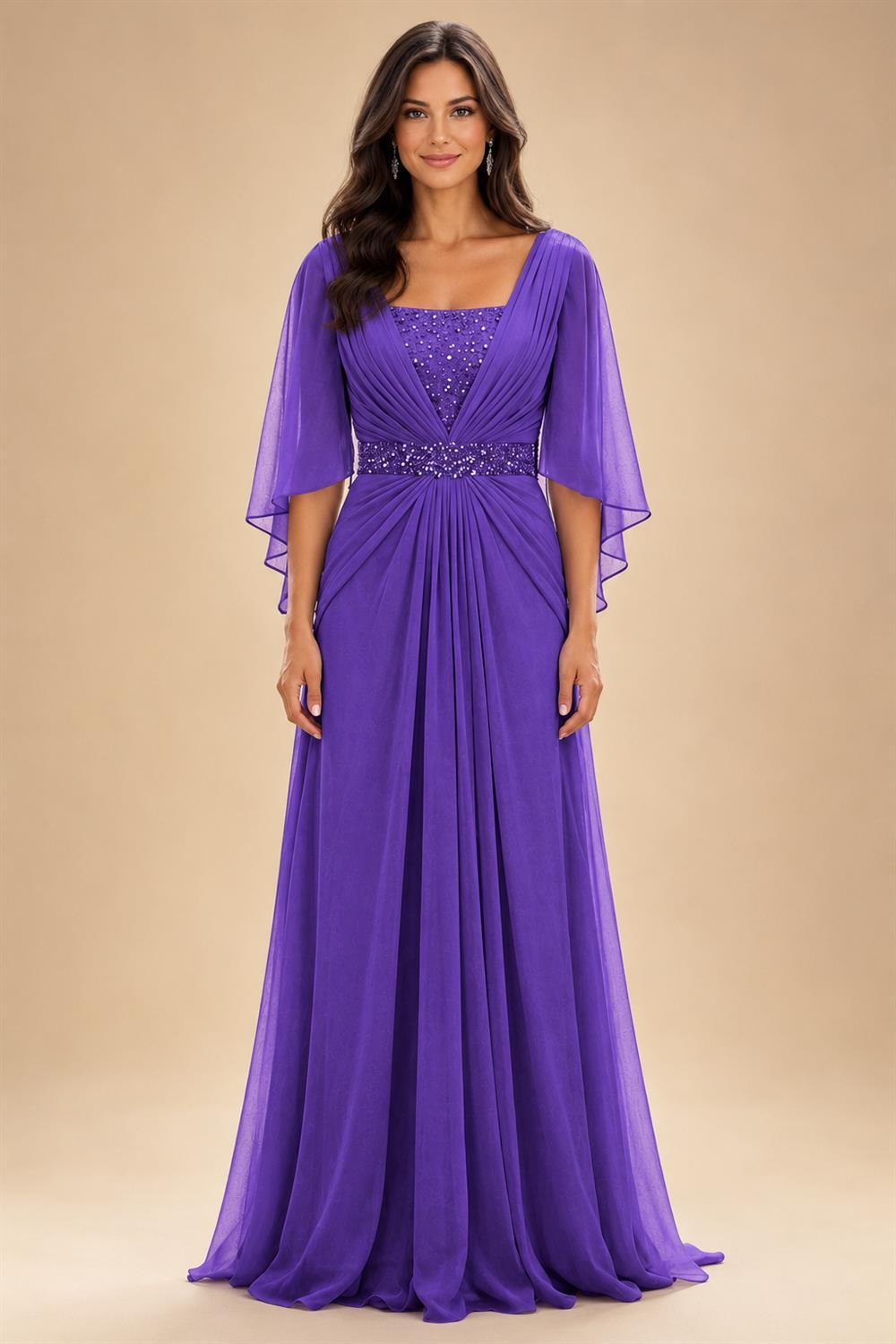 A-Line Chiffon Pleated Long Mother of the Bride & Groom Dresses with 3/4 Flutter Sleeves & Sequin Waist (SHI22500702)