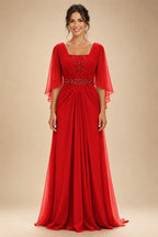 A-Line Chiffon Pleated Long Mother of the Bride & Groom Dresses with 3/4 Flutter Sleeves & Sequin Waist (SHI22500702)