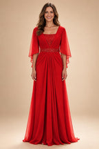A-Line Chiffon Pleated Long Mother of the Bride & Groom Dresses with 3/4 Flutter Sleeves & Sequin Waist (SHI22500702)