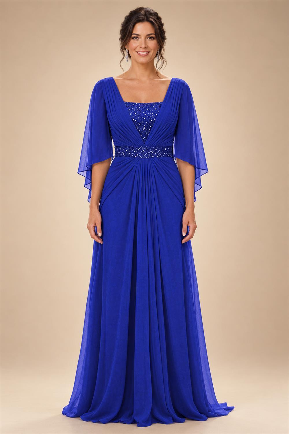 A-Line Chiffon Pleated Long Mother of the Bride & Groom Dresses with 3/4 Flutter Sleeves & Sequin Waist (SHI22500702)