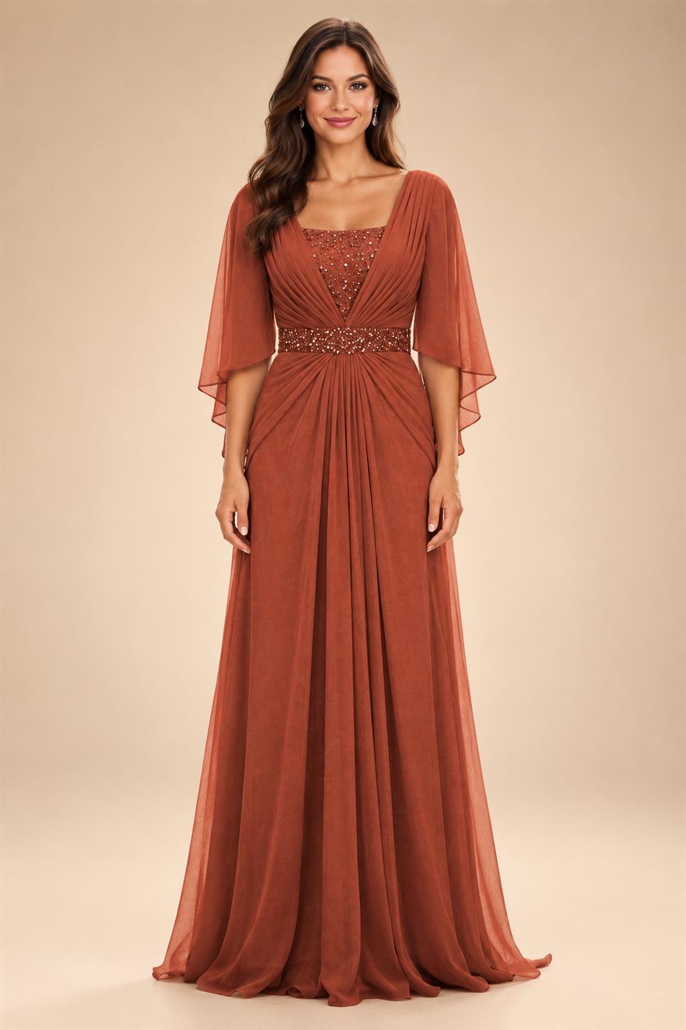 A-Line Chiffon Pleated Long Mother of the Bride & Groom Dresses with 3/4 Flutter Sleeves & Sequin Waist (SHI22500702)