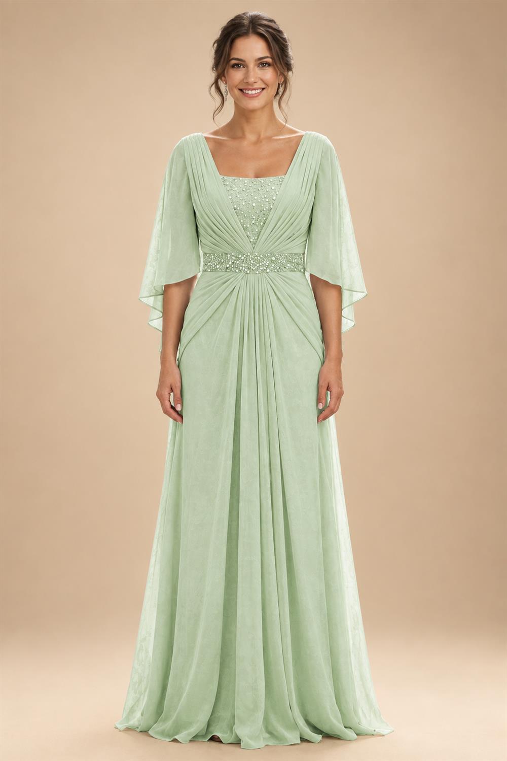 A-Line Chiffon Pleated Long Mother of the Bride & Groom Dresses with 3/4 Flutter Sleeves & Sequin Waist (SHI22500702)