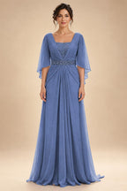 A-Line Chiffon Pleated Long Mother of the Bride & Groom Dresses with 3/4 Flutter Sleeves & Sequin Waist (SHI22500702)