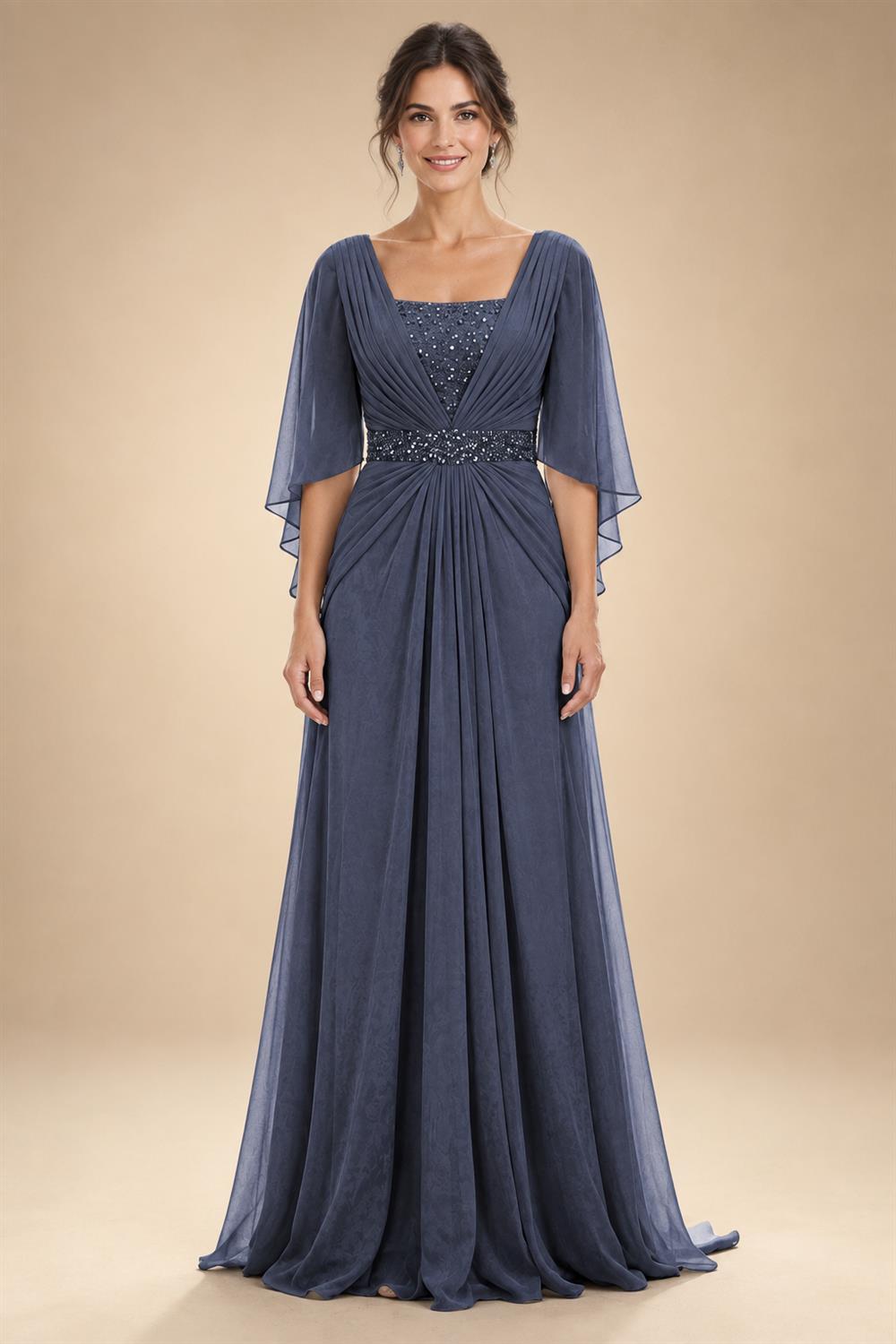 A-Line Chiffon Pleated Long Mother of the Bride & Groom Dresses with 3/4 Flutter Sleeves & Sequin Waist (SHI22500702)