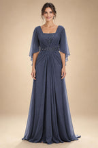 A-Line Chiffon Pleated Long Mother of the Bride & Groom Dresses with 3/4 Flutter Sleeves & Sequin Waist (SHI22500702)