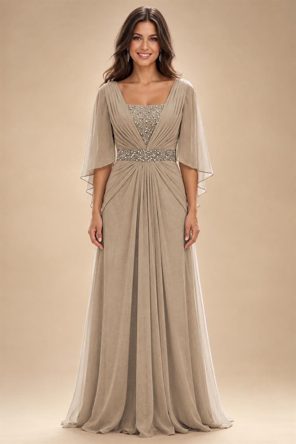 A-Line Chiffon Pleated Long Mother of the Bride & Groom Dresses with 3/4 Flutter Sleeves & Sequin Waist (SHI22500702)
