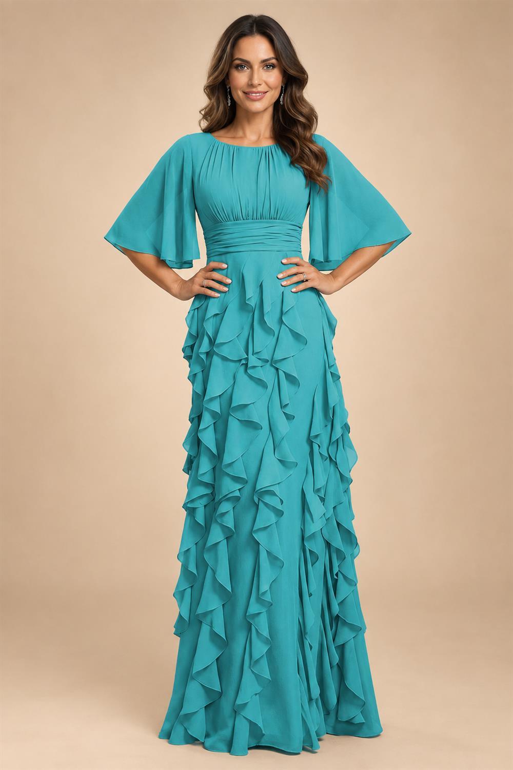 A-Line Chiffon Tiered Ruffles Mother of the Bride & Groom Dresses with Ruched Waist (SHI22500724)