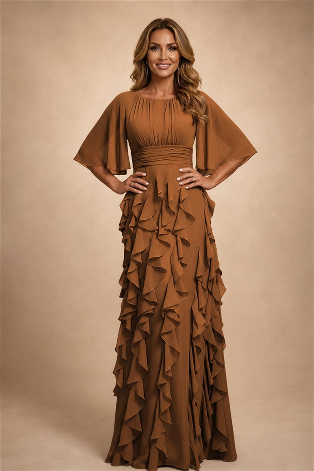 A-Line Chiffon Tiered Ruffles Mother of the Bride & Groom Dresses with Ruched Waist (SHI22500724)