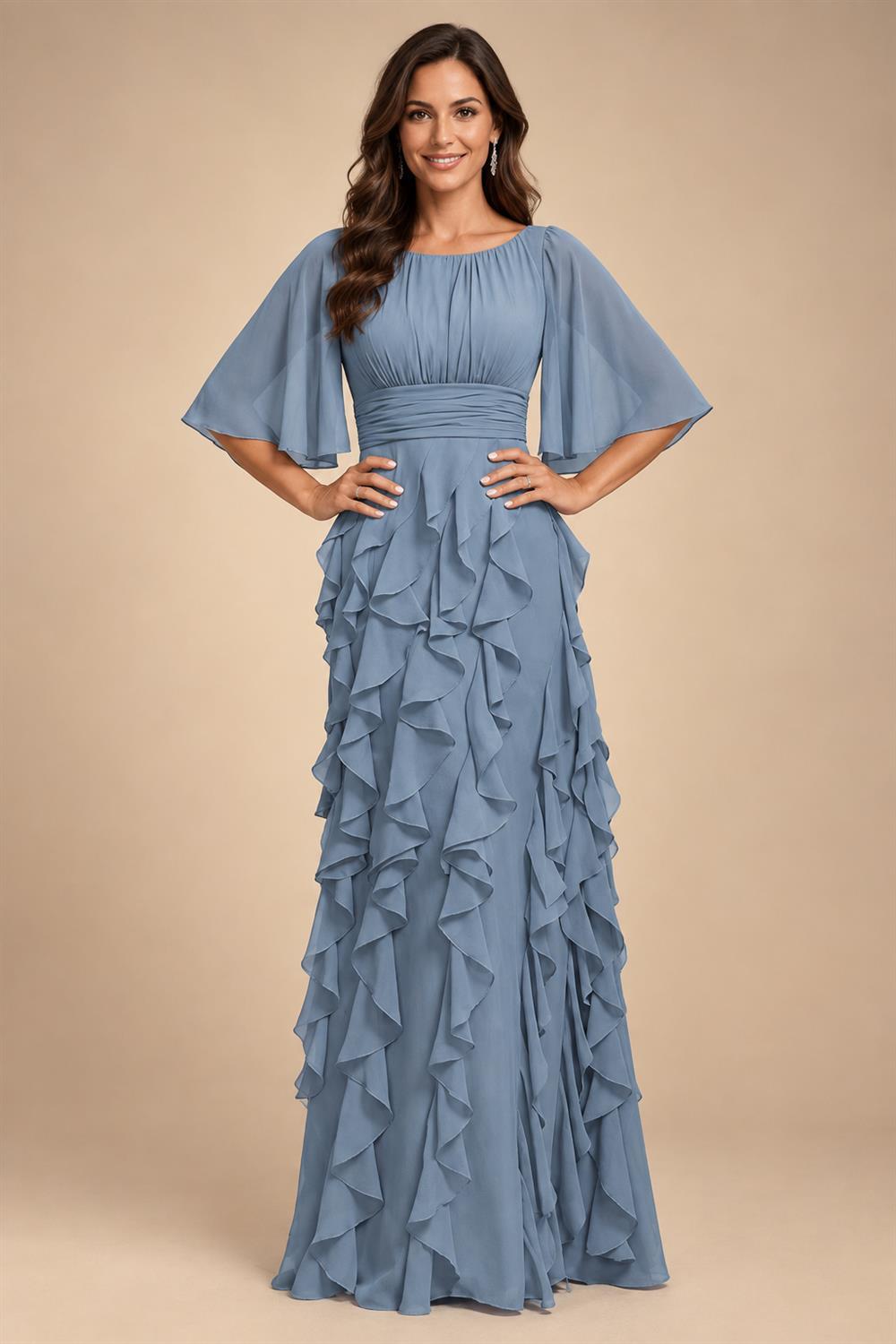 A-Line Chiffon Tiered Ruffles Mother of the Bride & Groom Dresses with Ruched Waist (SHI22500724)