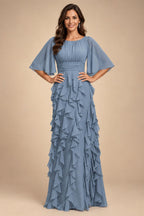 A-Line Chiffon Tiered Ruffles Mother of the Bride & Groom Dresses with Ruched Waist (SHI22500724)