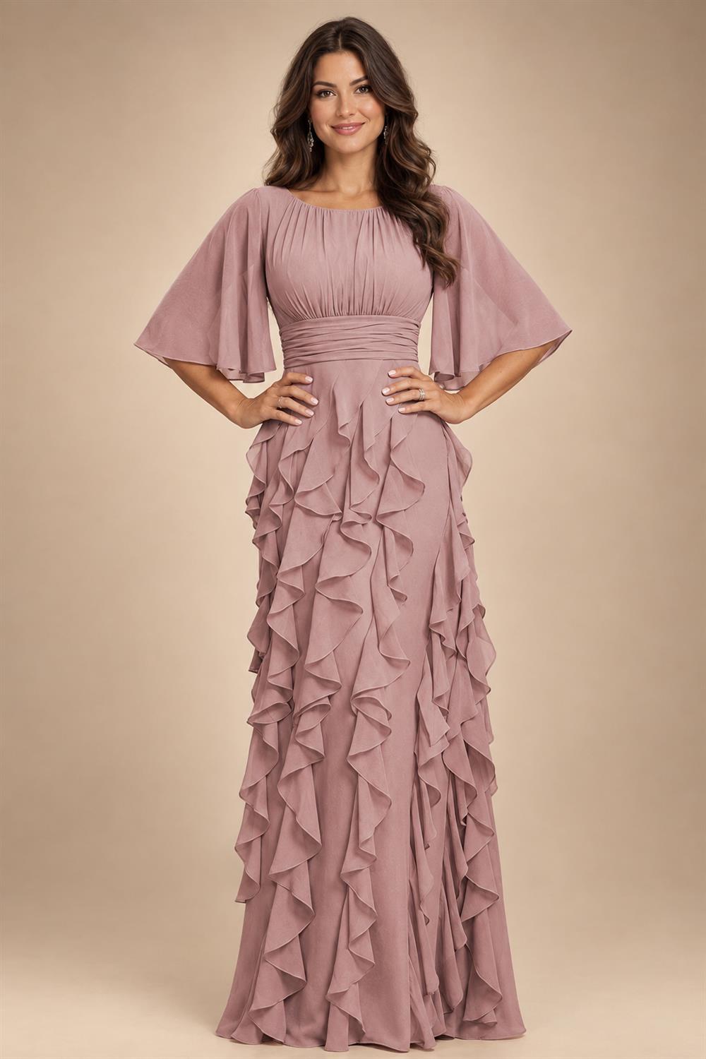 A-Line Chiffon Tiered Ruffles Mother of the Bride & Groom Dresses with Ruched Waist (SHI22500724)