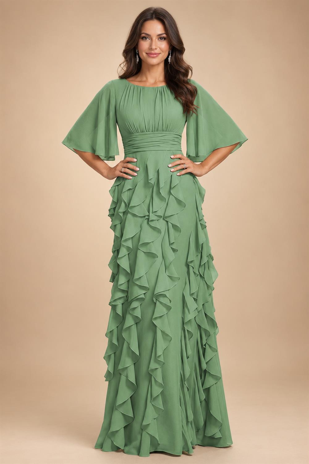 A-Line Chiffon Tiered Ruffles Mother of the Bride & Groom Dresses with Ruched Waist (SHI22500724)