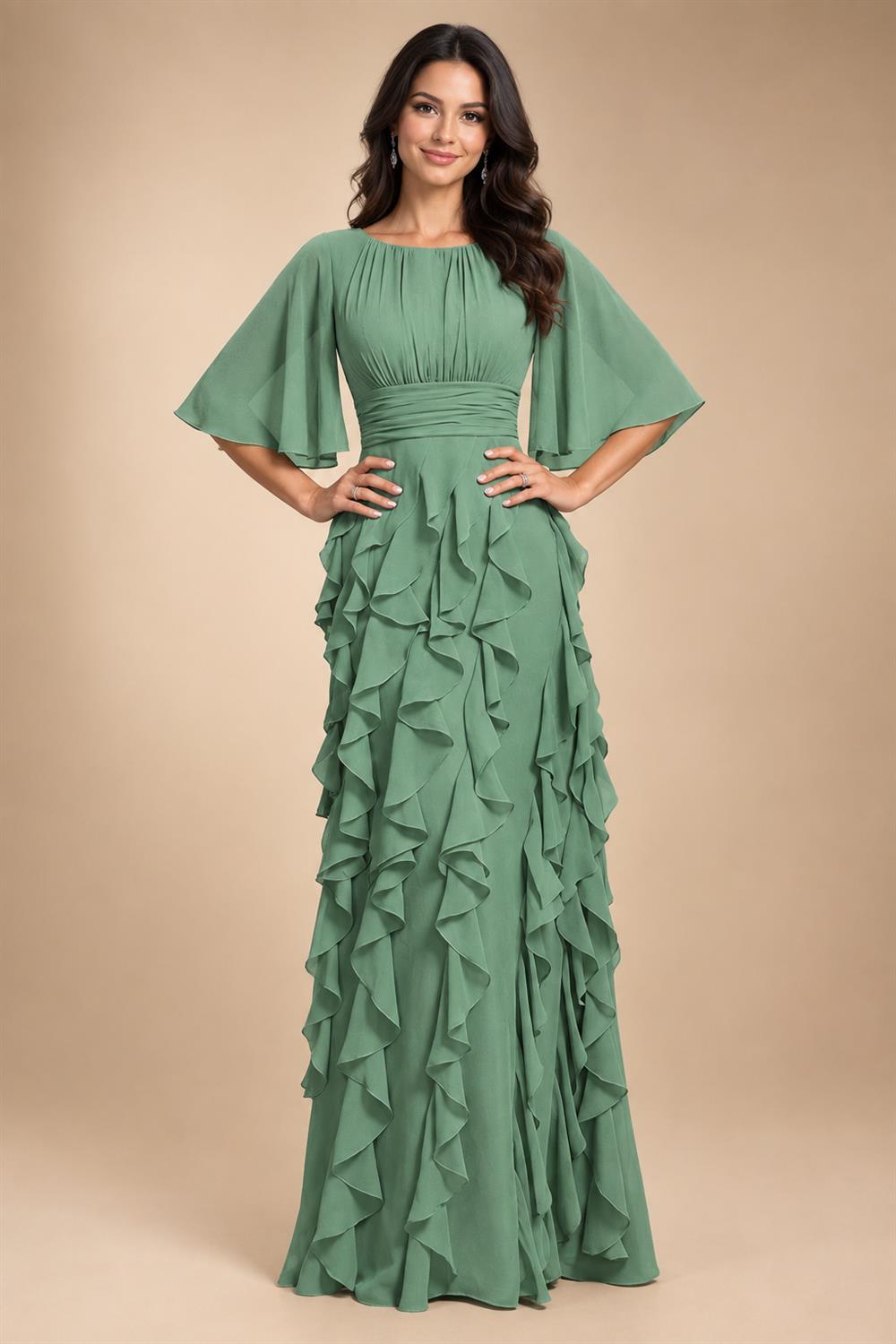 A-Line Chiffon Tiered Ruffles Mother of the Bride & Groom Dresses with Ruched Waist (SHI22500724)