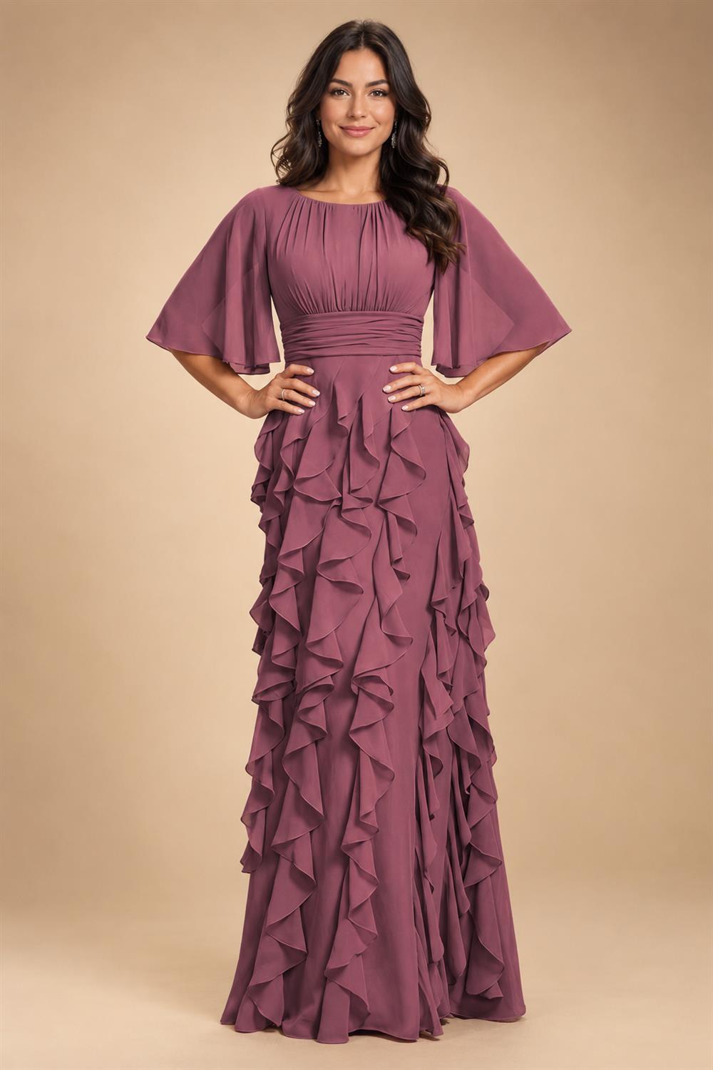 A-Line Chiffon Tiered Ruffles Mother of the Bride & Groom Dresses with Ruched Waist (SHI22500724)