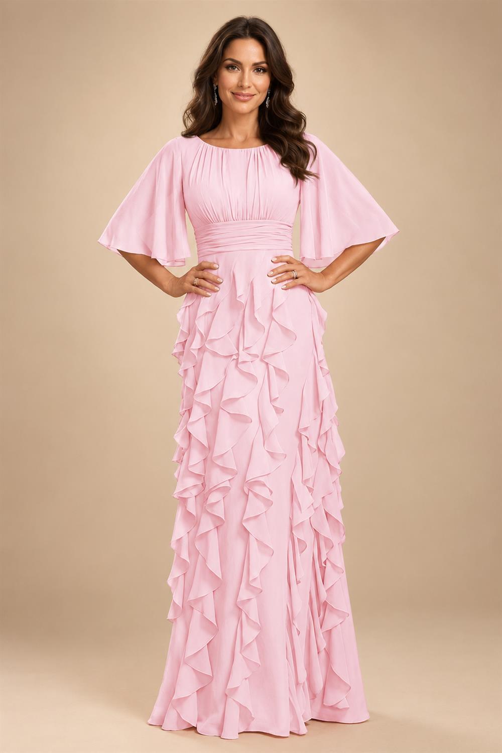 A-Line Chiffon Tiered Ruffles Mother of the Bride & Groom Dresses with Ruched Waist (SHI22500724)