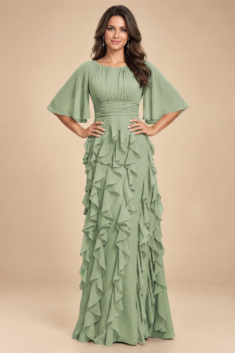 A-Line Chiffon Tiered Ruffles Mother of the Bride & Groom Dresses with Ruched Waist (SHI22500724)