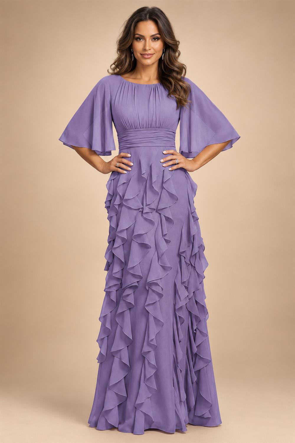 A-Line Chiffon Tiered Ruffles Mother of the Bride & Groom Dresses with Ruched Waist (SHI22500724)