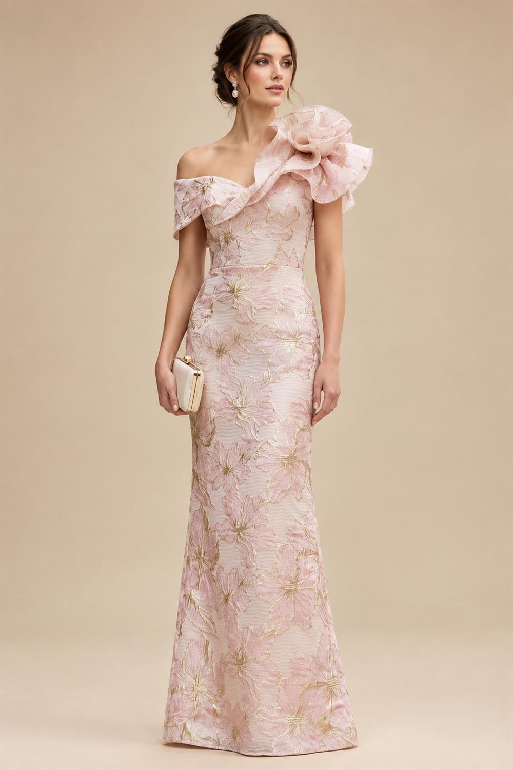 Sheath Floral Jacquard Off Shoulder Mother of the Bride & Groom Dresses with Flower (SHI22500777)