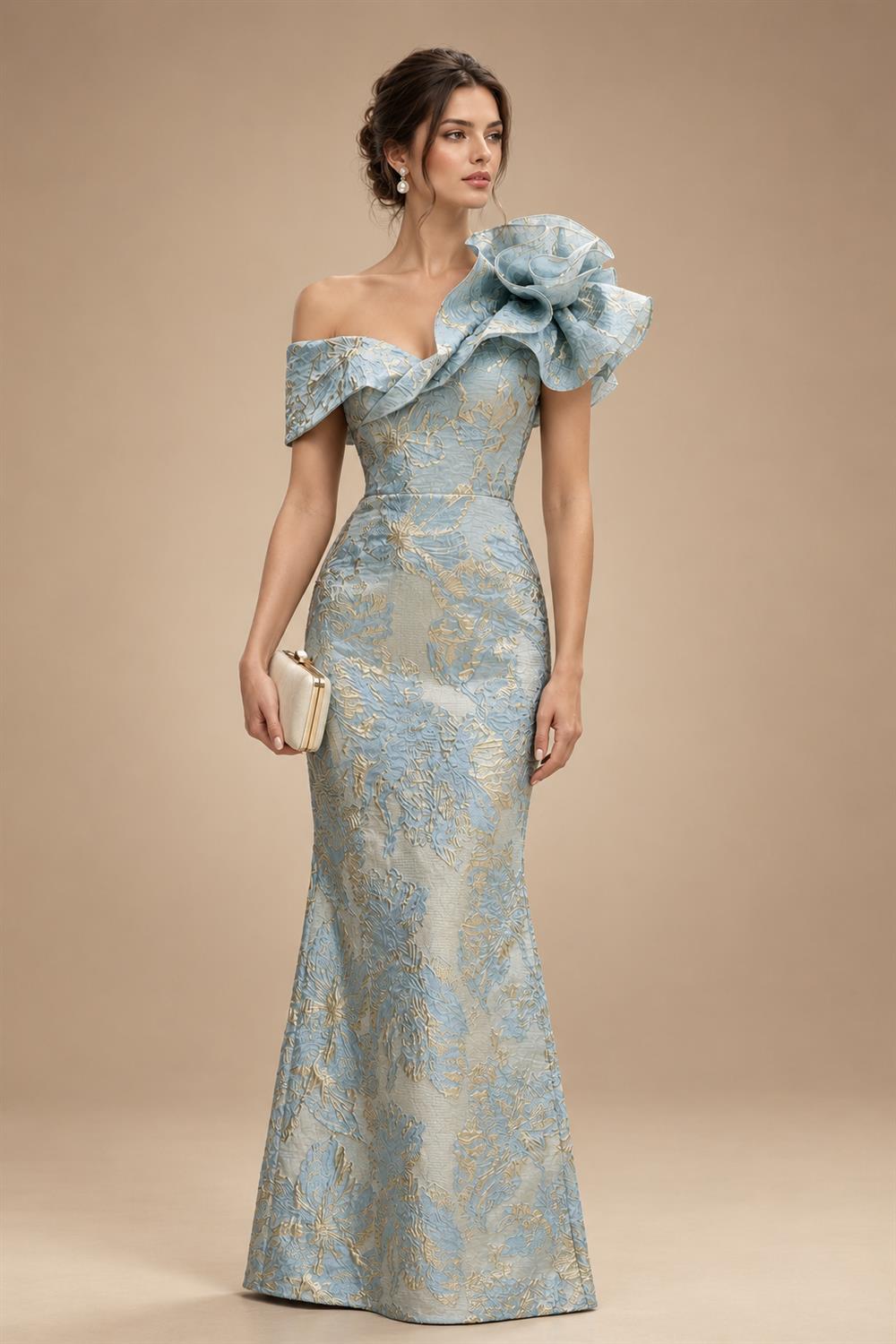Sheath Floral Jacquard Off Shoulder Mother of the Bride & Groom Dresses with Flower (SHI22500777)