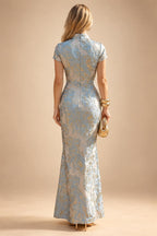 Jacquard Sheath/Column V-Neck Floor-Length Mother of the Bride & Groom Dresses with Ruched Waist (SHI22501057)