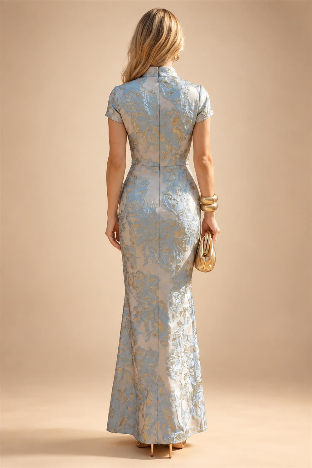 Jacquard Sheath/Column V-Neck Floor-Length Mother of the Bride & Groom Dresses with Ruched Waist (SHI22501057)