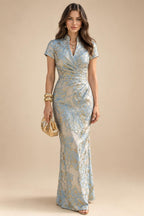 Jacquard Sheath/Column V-Neck Floor-Length Mother of the Bride & Groom Dresses with Ruched Waist (SHI22501057)