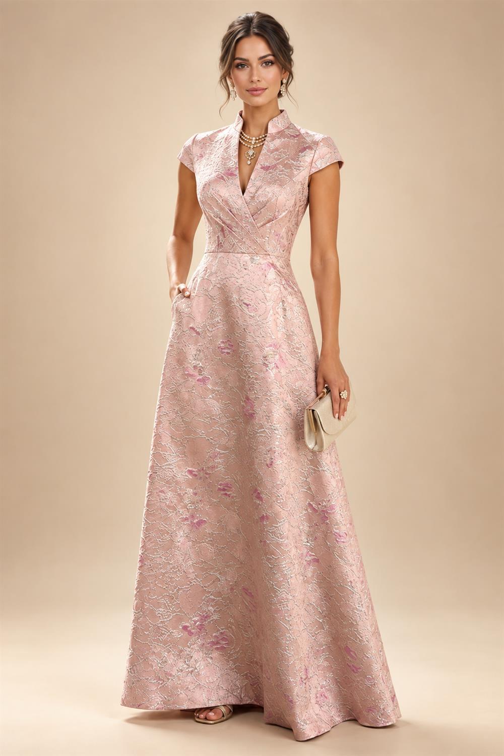 Jacquard A-Line/Princess V-Neck Floor-Length Mother of the Bride & Groom Dresses with Pockets (SHI22500987)