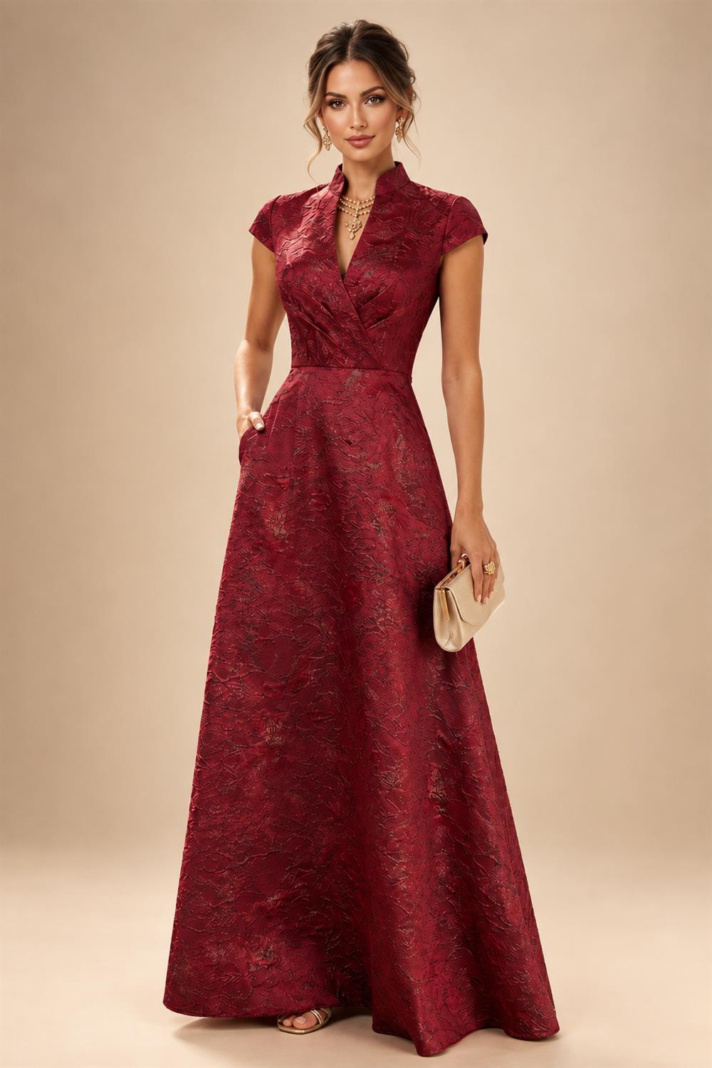 Jacquard A-Line/Princess V-Neck Floor-Length Mother of the Bride & Groom Dresses with Pockets (SHI22500987)