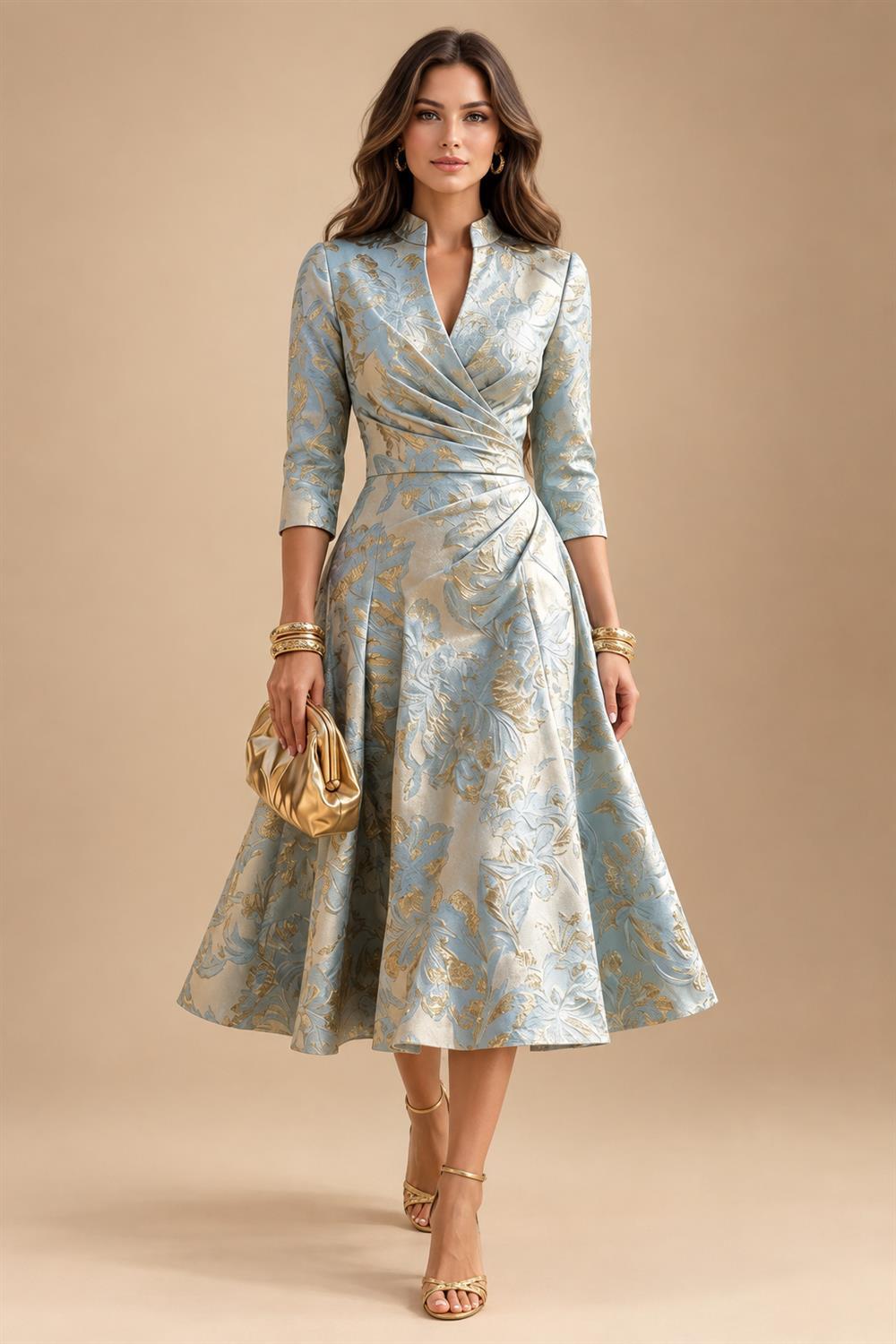Jacquard A-Line/Princess V-Neck Tea-Length Mother of the Bride & Groom Dresses with Ruched Waist (SHI22501056)