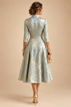 Jacquard A-Line/Princess V-Neck Tea-Length Mother of the Bride & Groom Dresses with Ruched Waist (SHI22501056)
