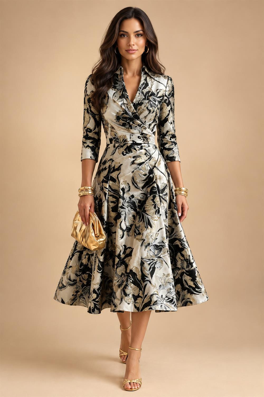 Jacquard A-Line/Princess V-Neck Tea-Length Mother of the Bride & Groom Dresses with Ruched Waist (SHI22501056)