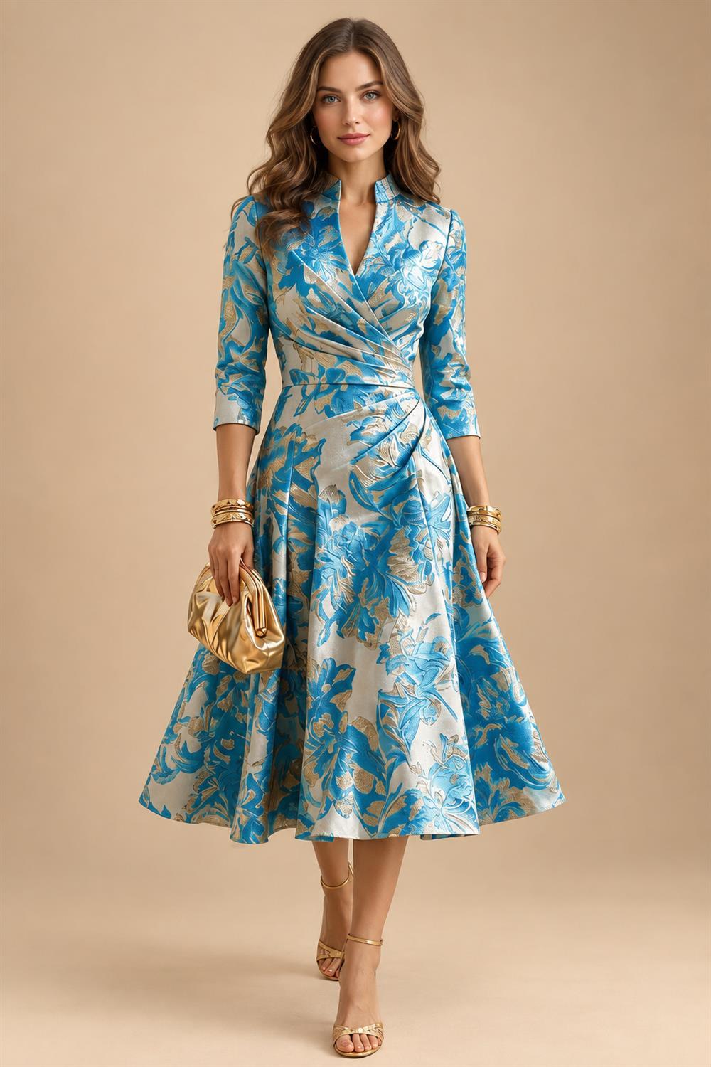 Jacquard A-Line/Princess V-Neck Tea-Length Mother of the Bride & Groom Dresses with Ruched Waist (SHI22501056)