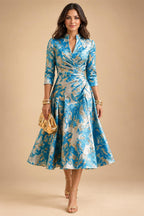 Jacquard A-Line/Princess V-Neck Tea-Length Mother of the Bride & Groom Dresses with Ruched Waist (SHI22501056)