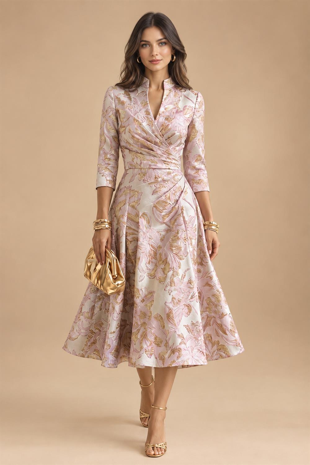 Jacquard A-Line/Princess V-Neck Tea-Length Mother of the Bride & Groom Dresses with Ruched Waist (SHI22501056)
