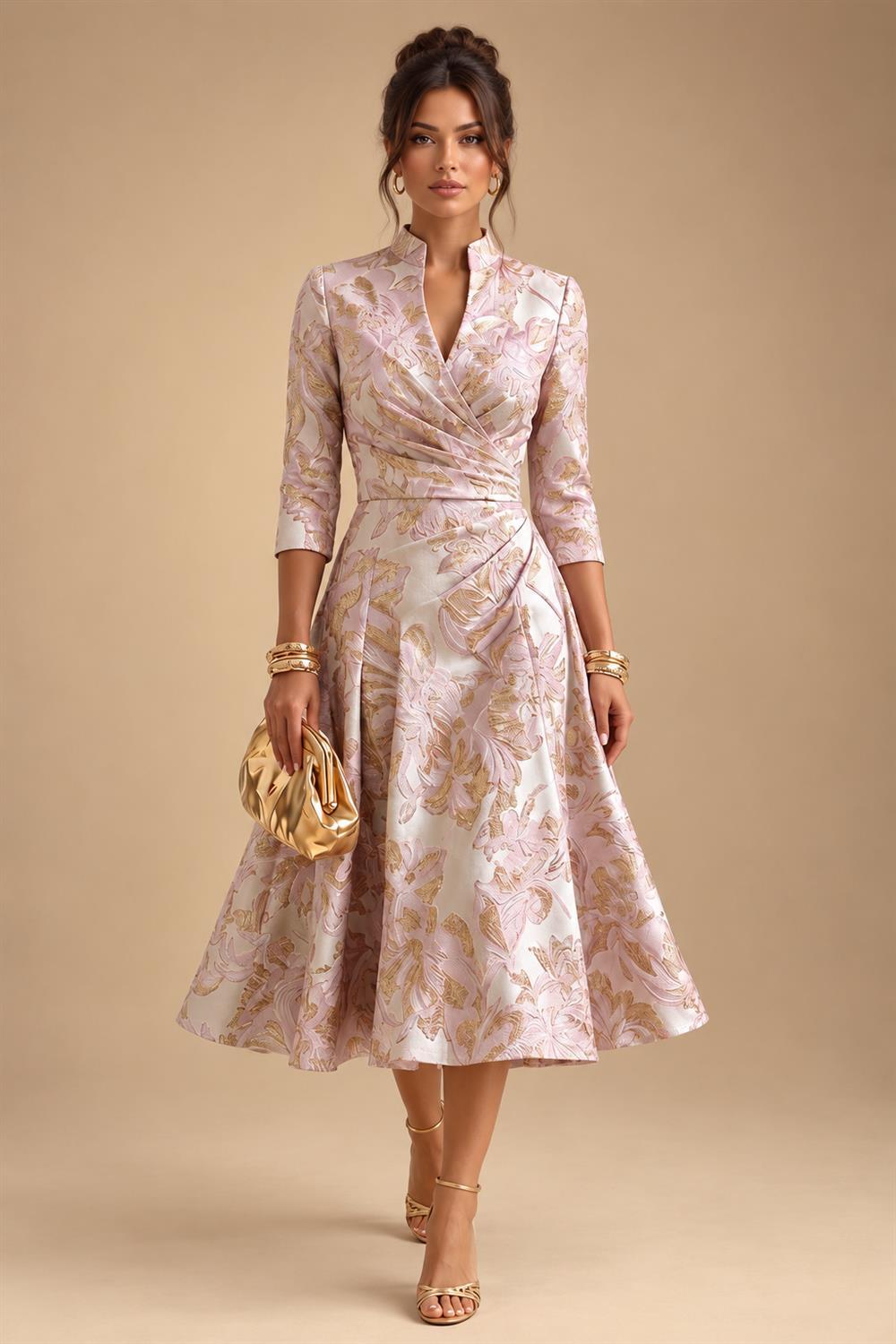 Jacquard A-Line/Princess V-Neck Tea-Length Mother of the Bride & Groom Dresses with Ruched Waist (SHI22501056)