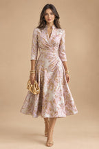 Jacquard A-Line/Princess V-Neck Tea-Length Mother of the Bride & Groom Dresses with Ruched Waist (SHI22501056)