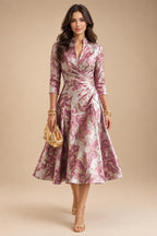 Jacquard A-Line/Princess V-Neck Tea-Length Mother of the Bride & Groom Dresses with Ruched Waist (SHI22501056)