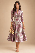 Jacquard A-Line/Princess V-Neck Tea-Length Mother of the Bride & Groom Dresses with Ruched Waist (SHI22501056)