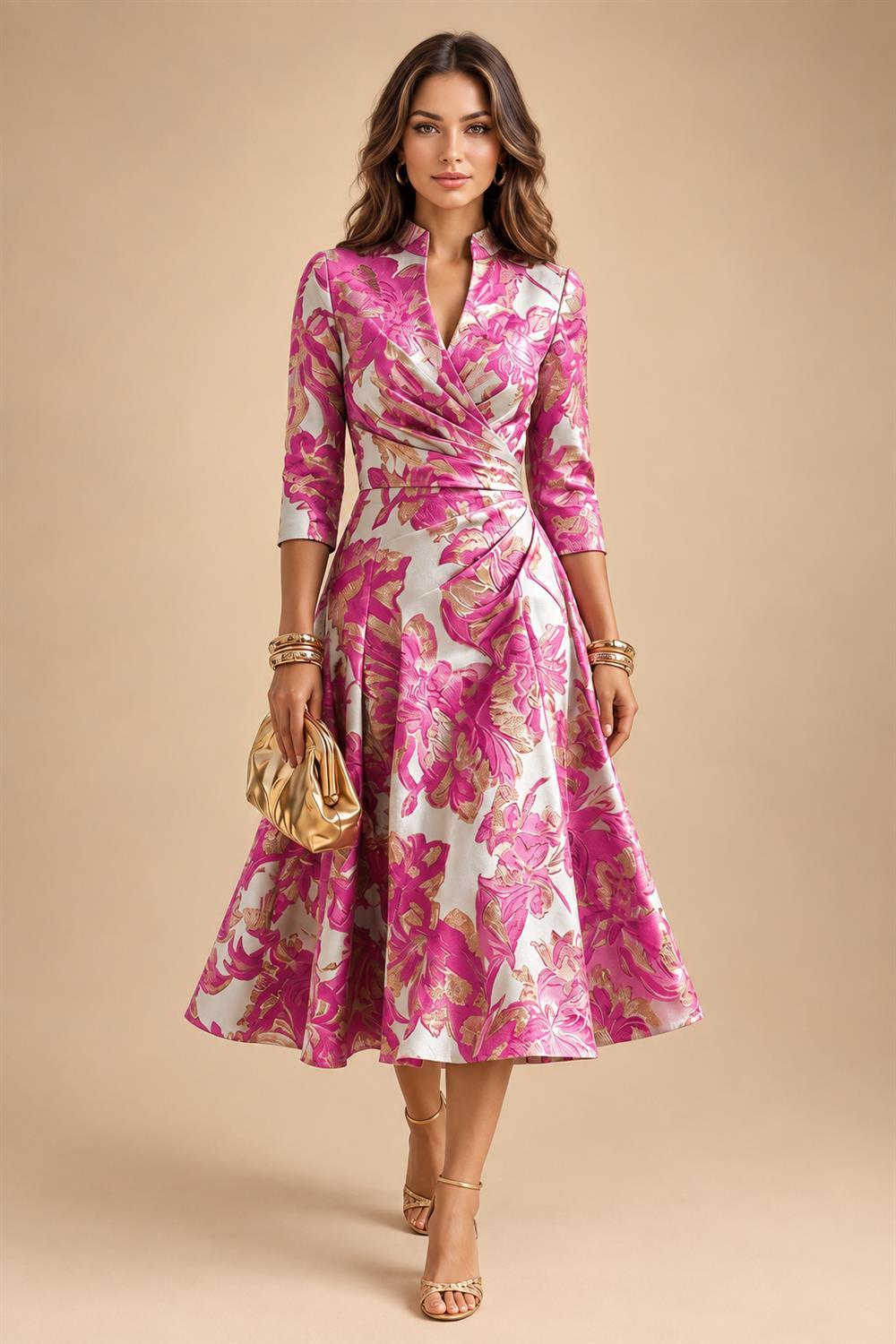 Jacquard A-Line/Princess V-Neck Tea-Length Mother of the Bride & Groom Dresses with Ruched Waist (SHI22501056)