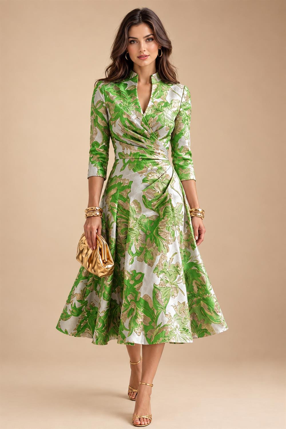 Jacquard A-Line/Princess V-Neck Tea-Length Mother of the Bride & Groom Dresses with Ruched Waist (SHI22501056)